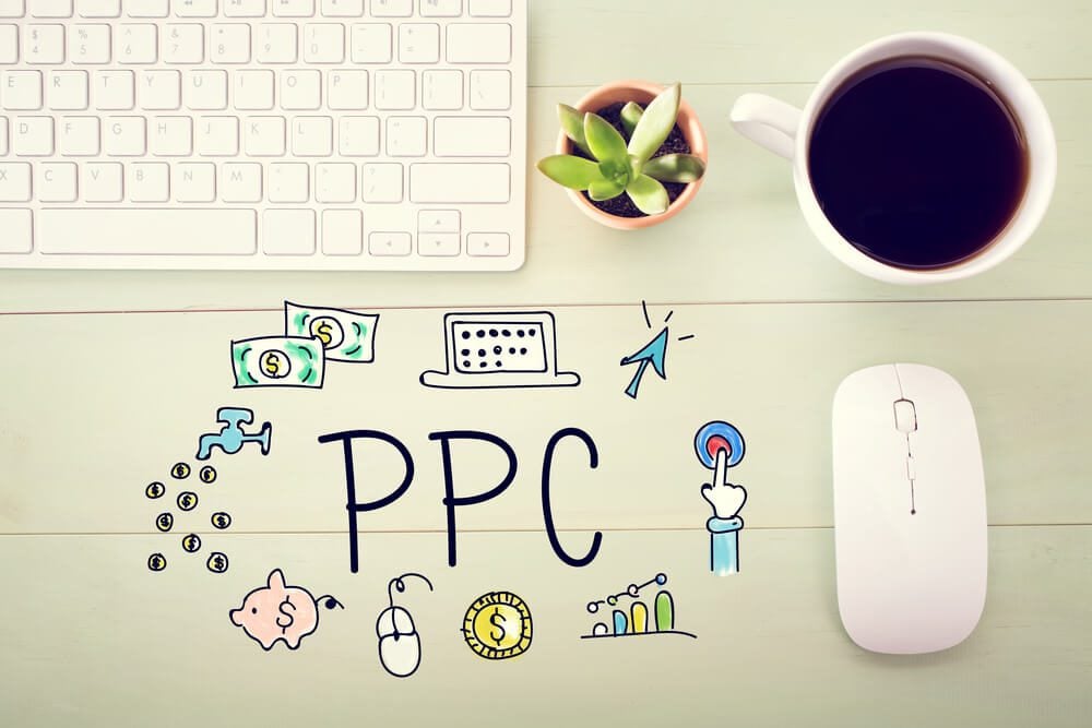 ppc advertising_PPC concept with workstation on a light green wooden desk