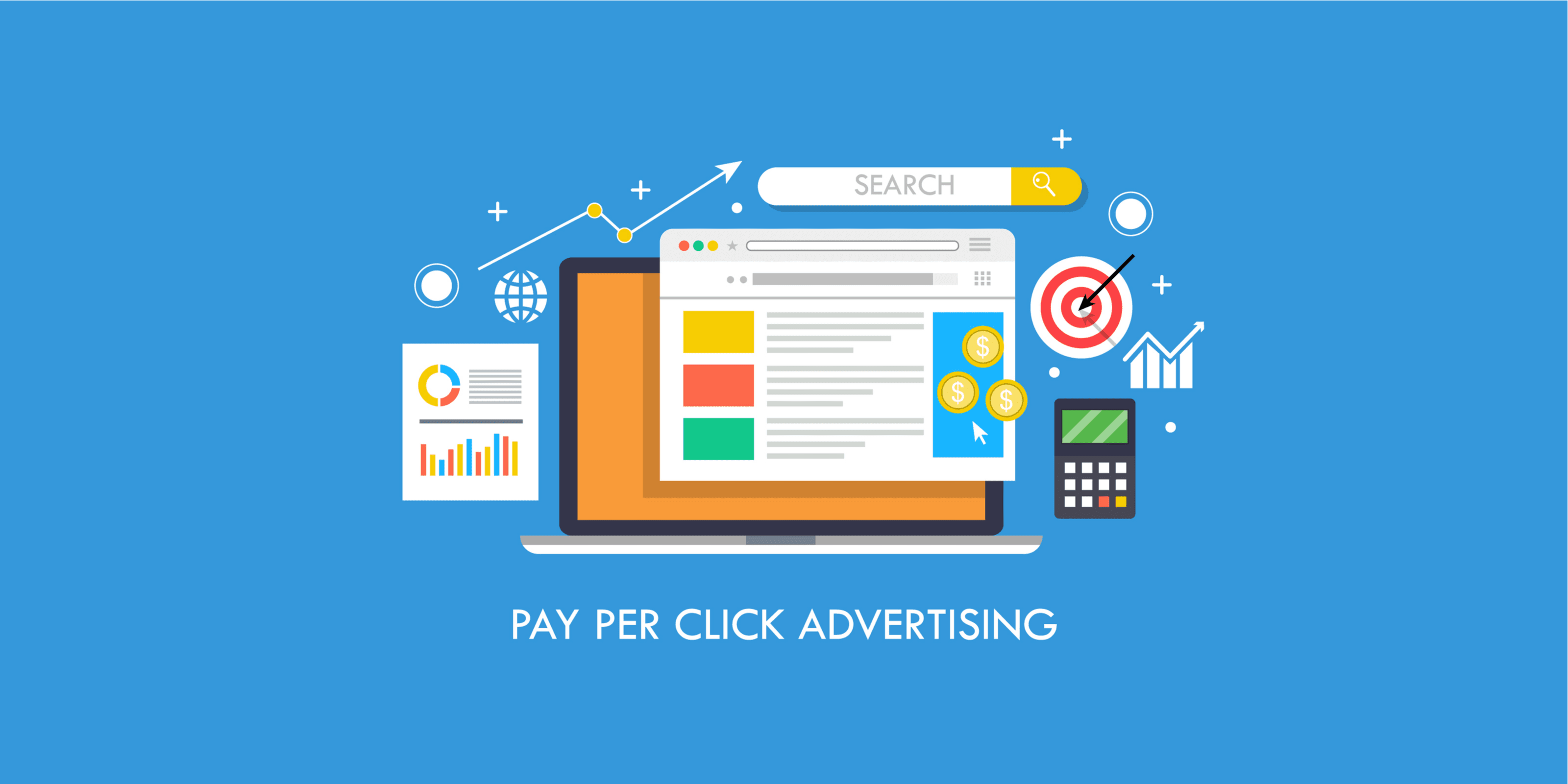 ppc advertising_Flat concept for pay per click advertising, sponsored listing, paid search marketing vector banner with icons isolated on blue background