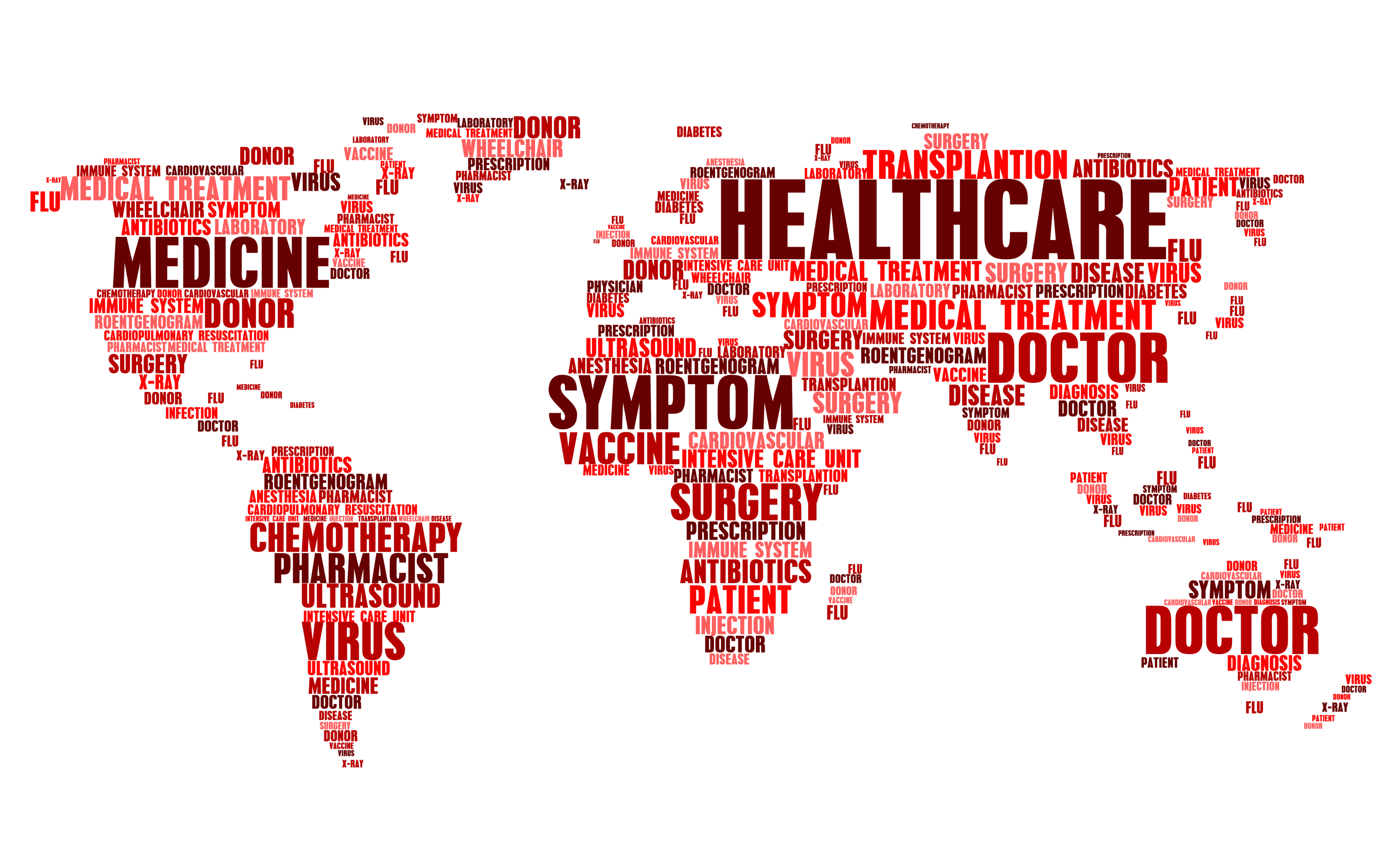 medical keywords_Medical and health tags cloud world map. Word concept of healthcare, treatment, patient disease, diagnosis, surgery, transplantation, x-ray and virus, antibiotics, vaccine, ultrasound and drugs