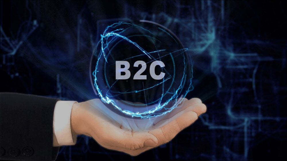 B2C_Painted hand shows concept hologram B2C on his hand. Drawn man in business suit with future technology screen and modern cosmic background