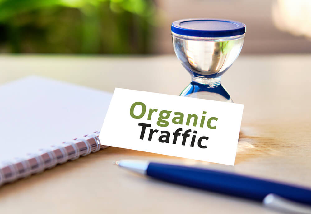 seo traffic_Organic seo traffic - business seo concept text on a white notebook and hourglass clock, blue pen, green leaves of flowers