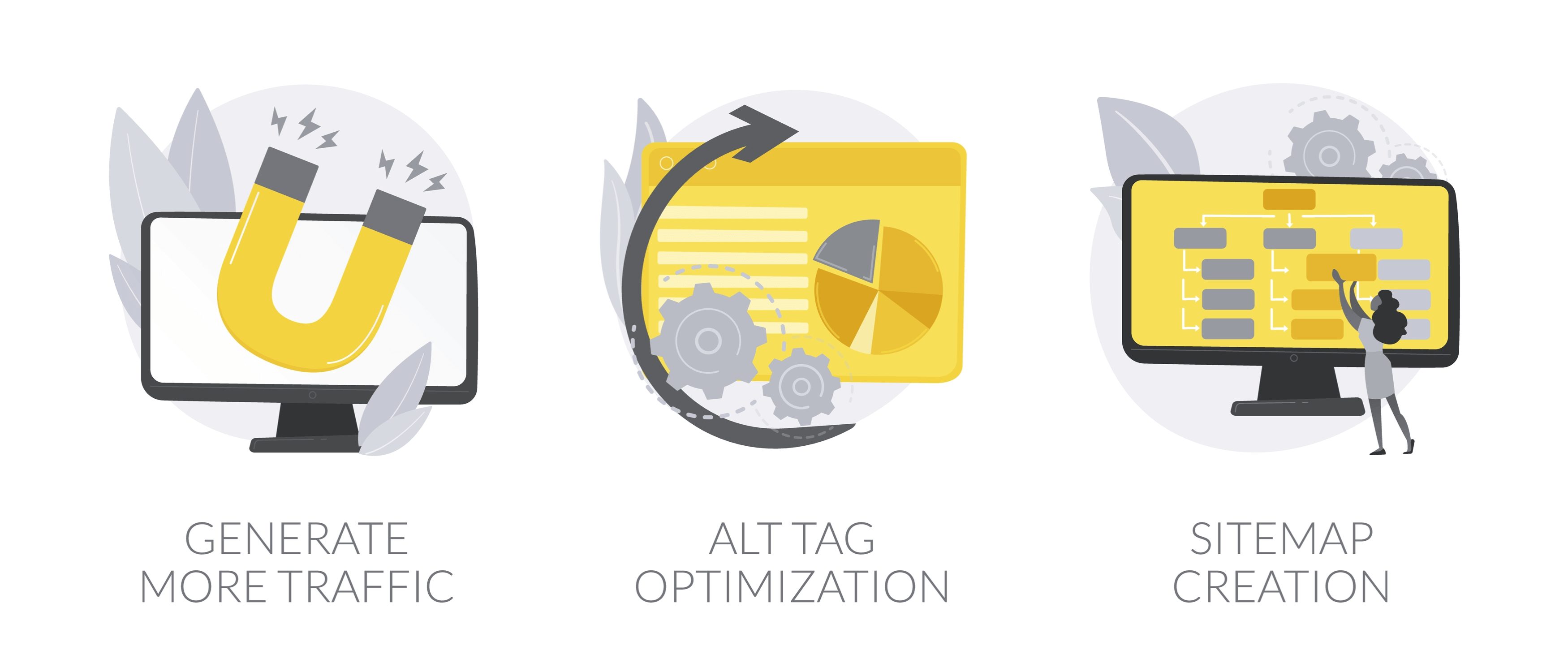 seo and alt tags_SEO online service abstract concept vector illustration set. Generate more traffic, alt tag optimization, sitemap creation, page navigation, search engine, marketing research abstract metaphor.