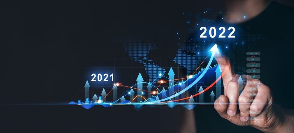 sales target_Businessman draws increase arrow graph corporate future growth year 2021 to 2022. Planning,opportunity, challenge and business strategy. New Goals, Plans and Visions for Next Year 2022.