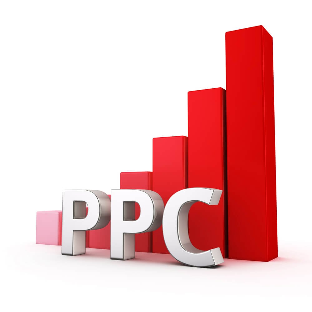 ppc pricing_Growing green bar graph of PPC on white. Click bid cost growth concept.