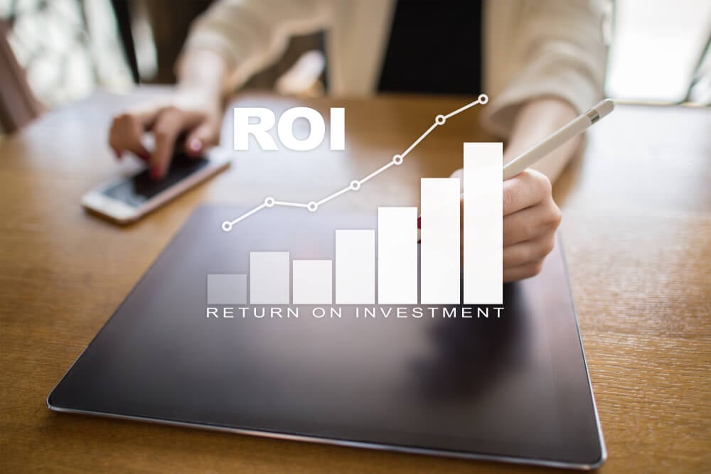 ROI_ROI, Return on investment business and technology concept. Virtual screen background.