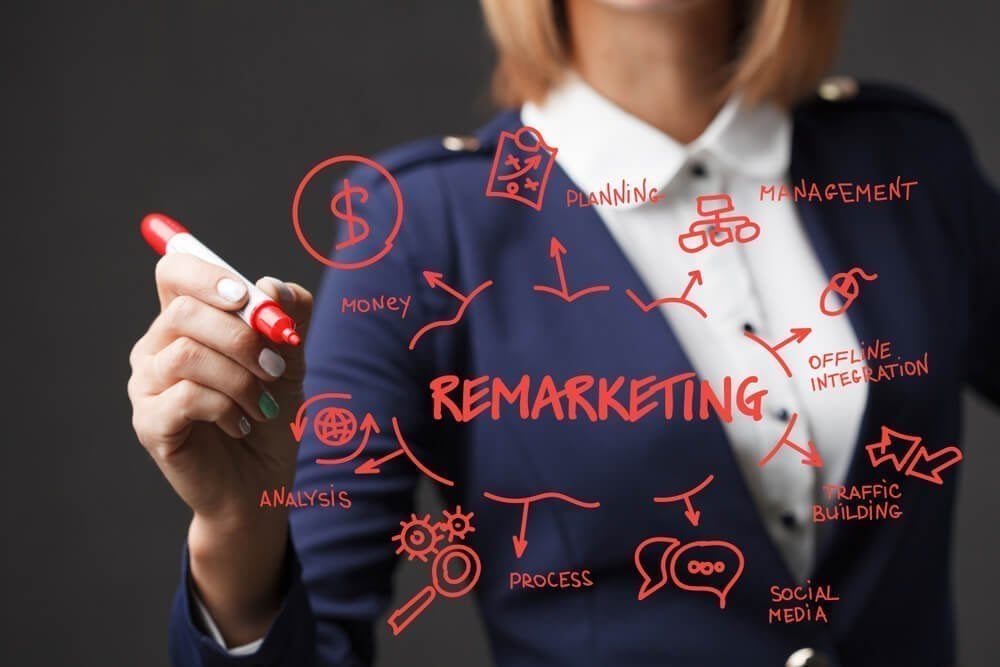 remarketing_Business girl writes a red marker development strategy. The concept of marketing.Remarketing