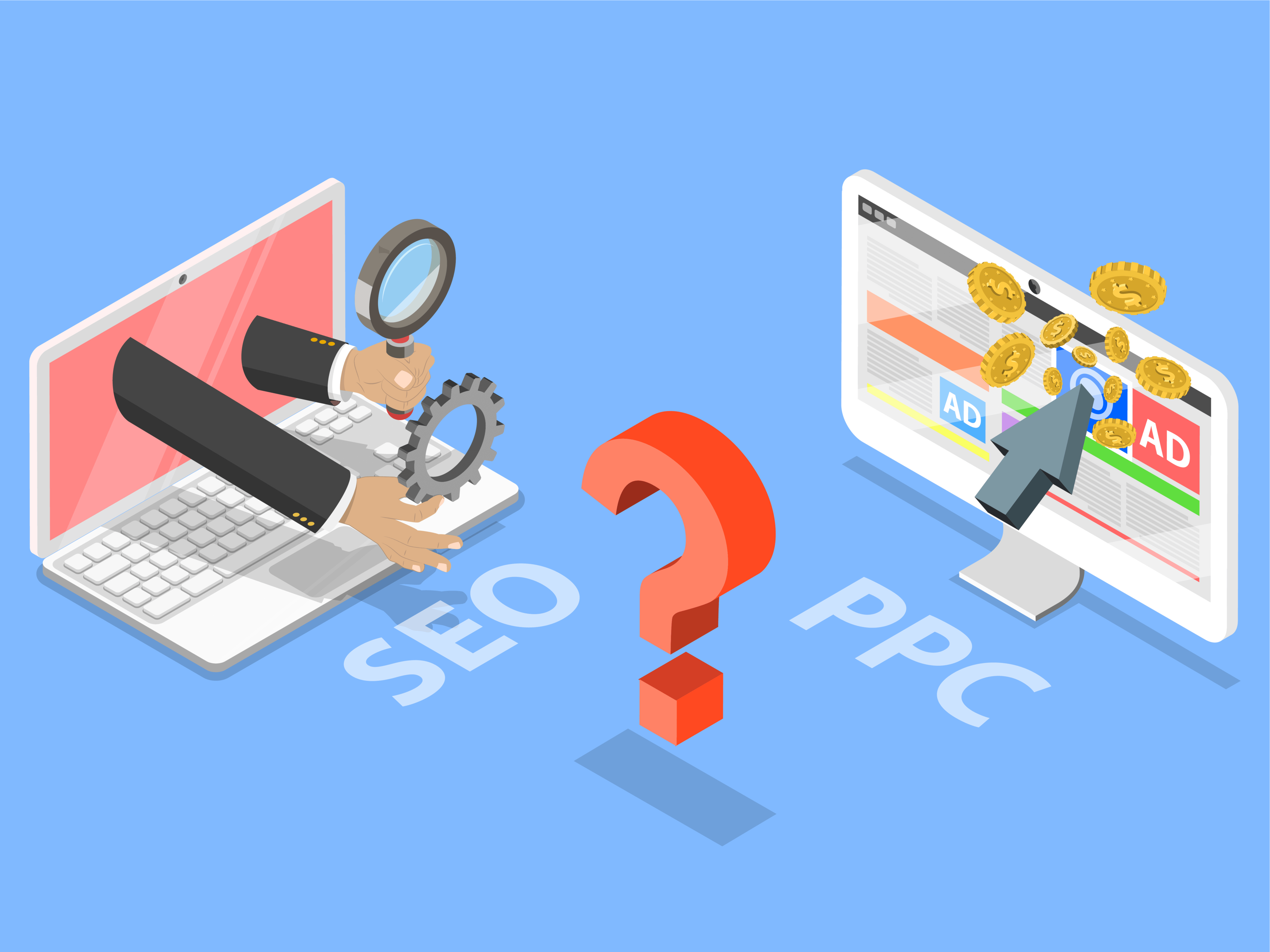 seo vs ppc_SEO vs PPC flat isometric vector concept. Comparison pay per click and search engine optimization marketing.