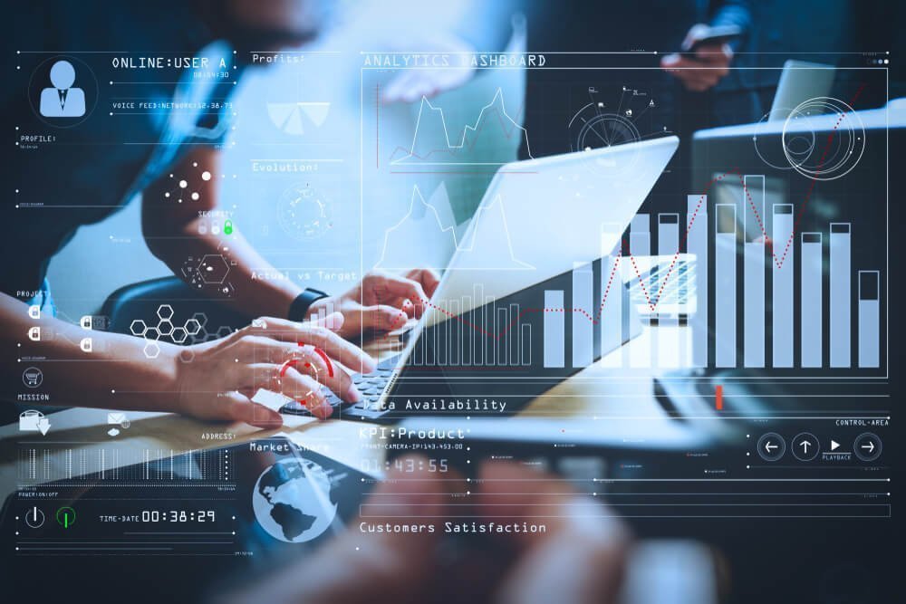 data analysis_Intelligence (BI) and business analytics (BA) with key performance indicators (KPI) dashboard concept.StartUp Programming Team. Website designer working digital tablet dock keyboard.