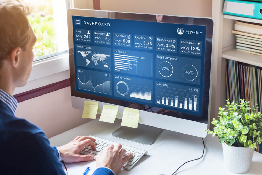 website visitors_Digital marketing campaign data analytics report with metrics and key performance indicators (KPI) on information dashboard for advertisement strategy on internet, business person in office