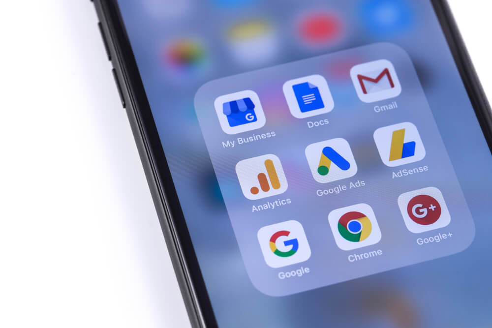 google ads and adsense_Google services icons on the screen smartphone. Moscow, Russia - October 26, 2018