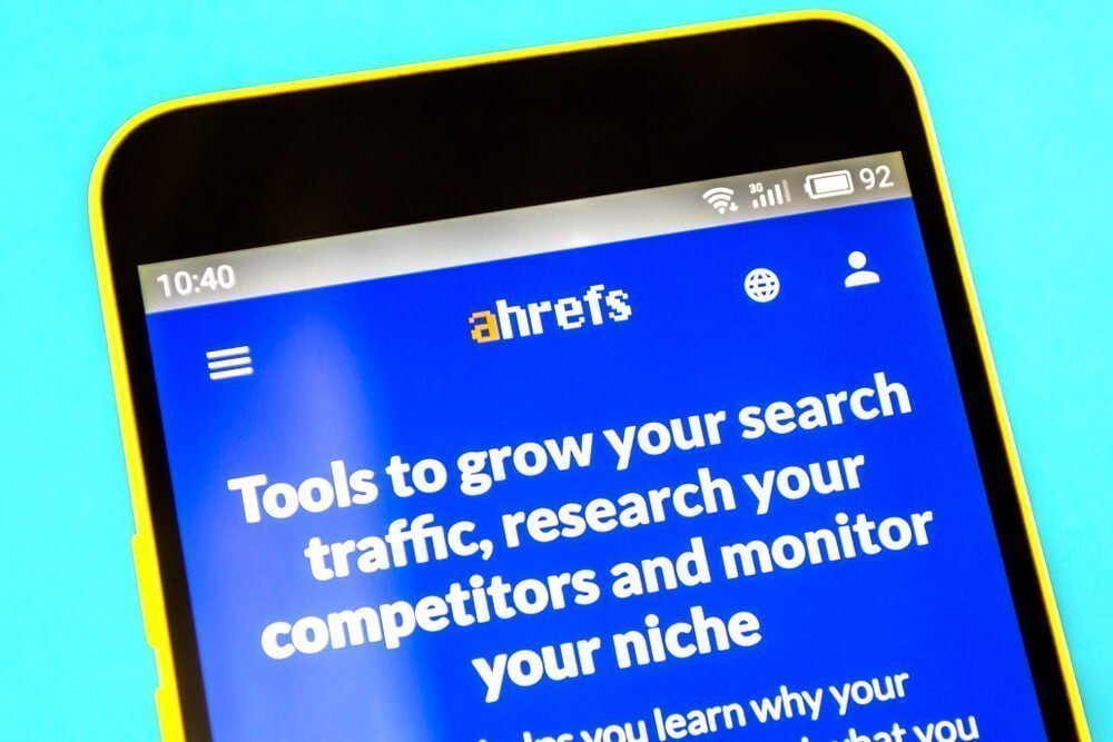 ahrefs_Berdyansk, Ukraine - April 21, 2019: Illustrative Editorial of Ahrefs website homepage. Ahrefs logo visible on the phone screen.