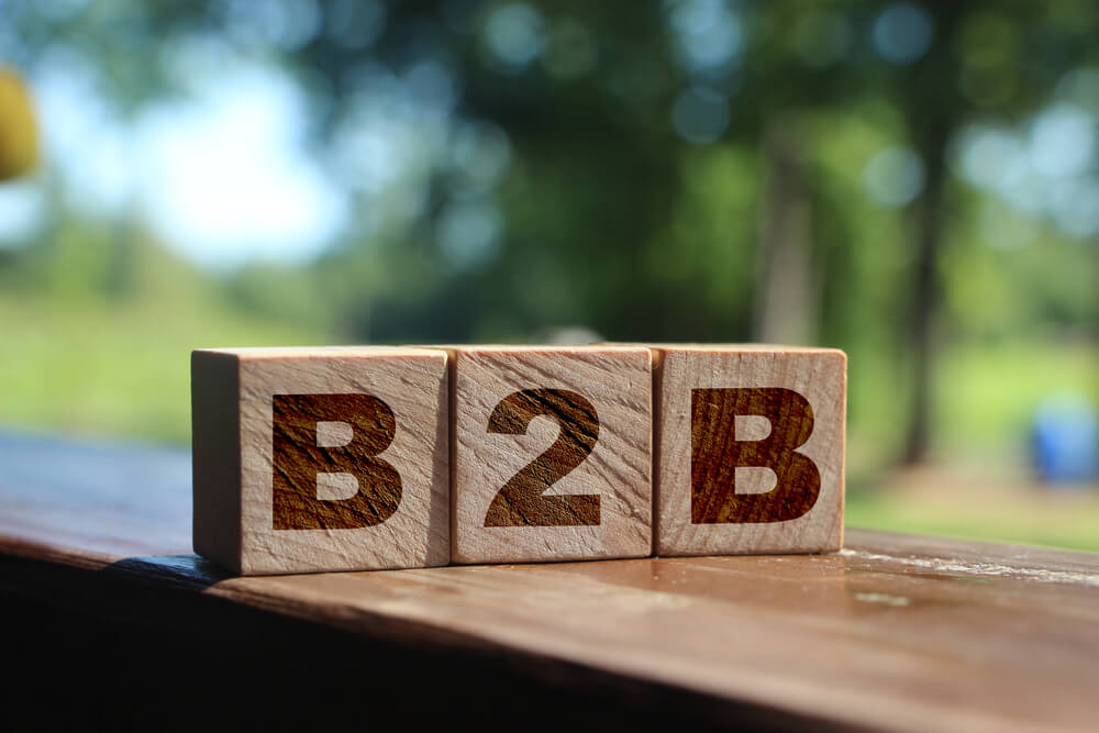 b2b seo_B2B letters on wooden cubes put on wooden table standing outdoors. Summer nature background. Business to Business concept.