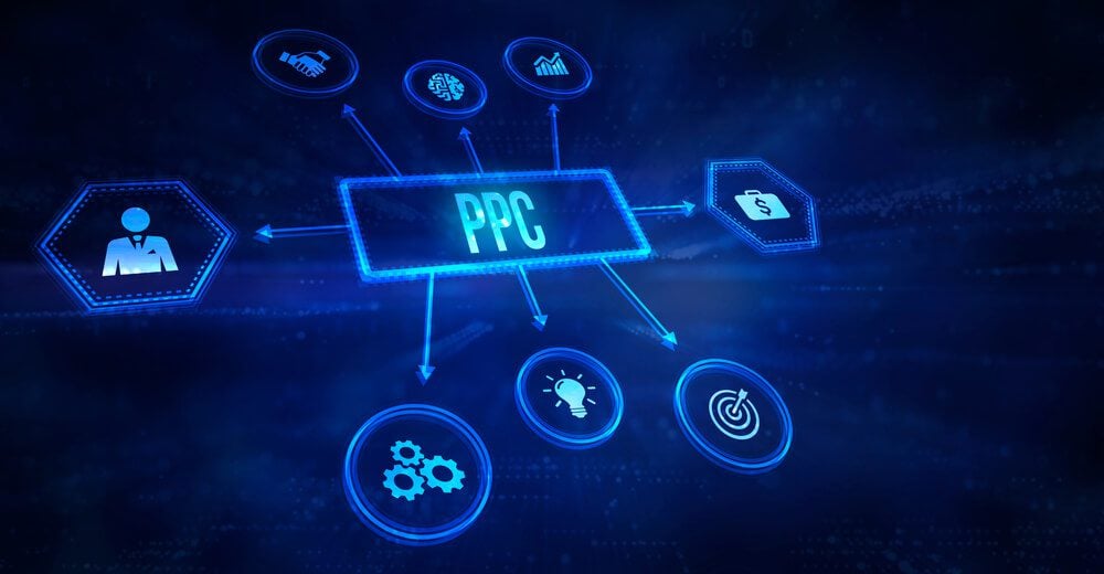 ppc strategy_Internet, business, Technology and network concept.Pay per click payment technology digital marketing internet concept of virtual screen. PPC. 3d illustration