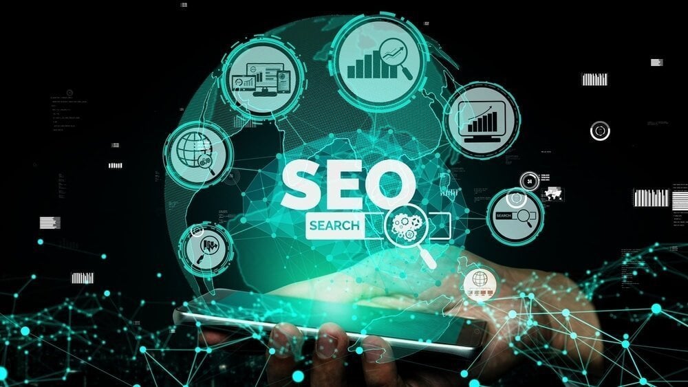business seo_SEO - Search Engine Optimization for Online Marketing conceptual. Modern graphic interface showing symbol of keyword research website promotion by optimize customer search and analyze market strategy.