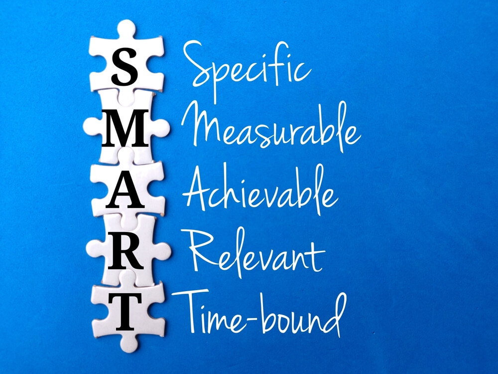 smart goals_Selective focus.White puzzle with the word SMART and meaning of SMART.