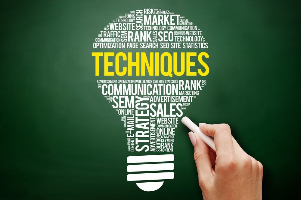 seo techniques_Techniques bulb word cloud collage, business concept on blackboard