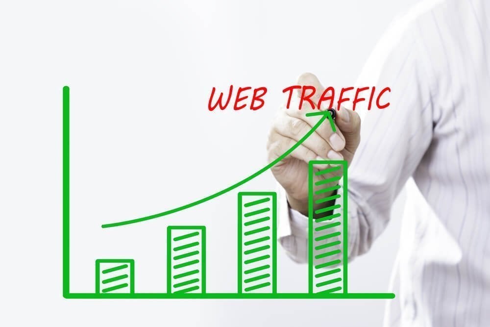 web traffic_Businessman hand writing Web Traffic graph with red marker on transparent wipe board, business concept.