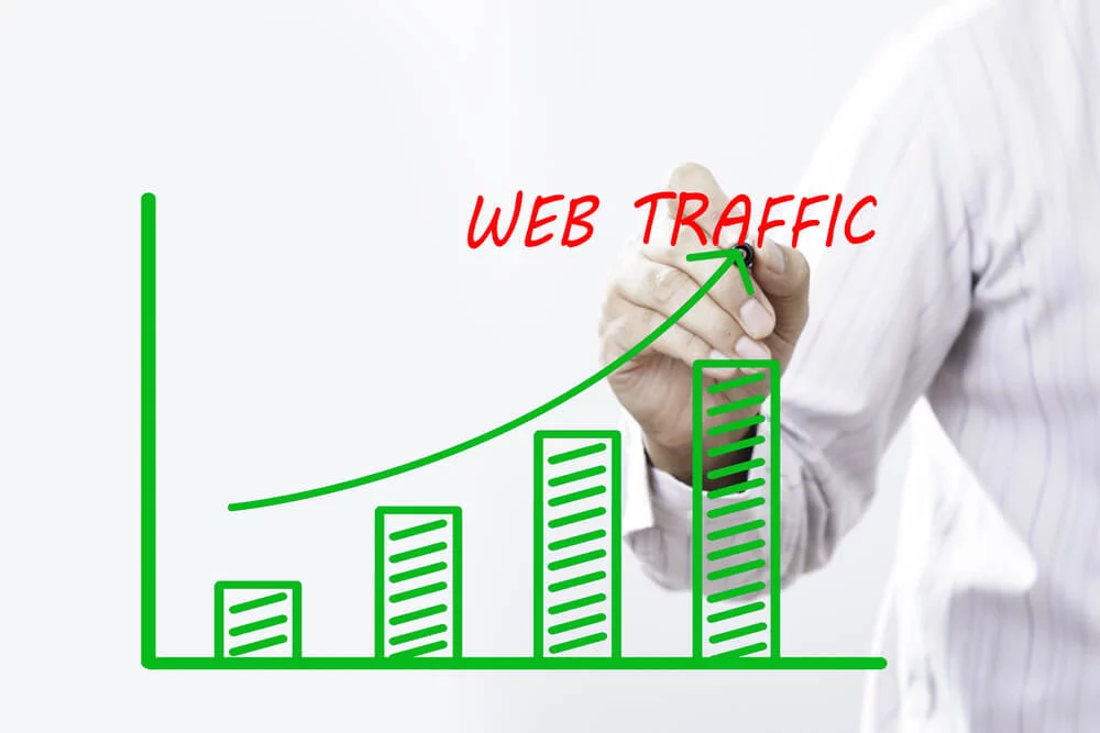 web traffic_Businessman hand writing Web Traffic graph with red marker on transparent wipe board, business concept.