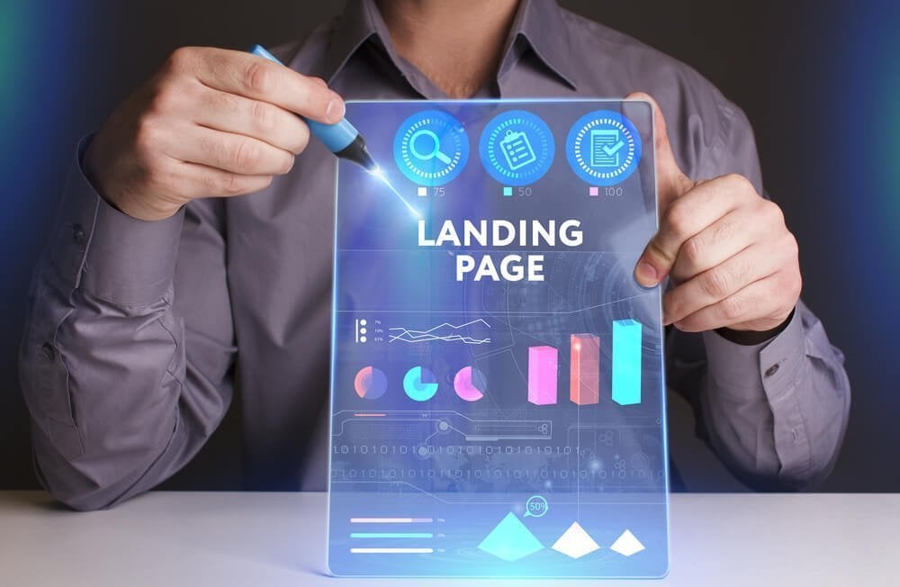 landing page_Business, Technology, Internet and network concept. Young businessman working on a virtual screen of the future and sees the inscription: Landing page