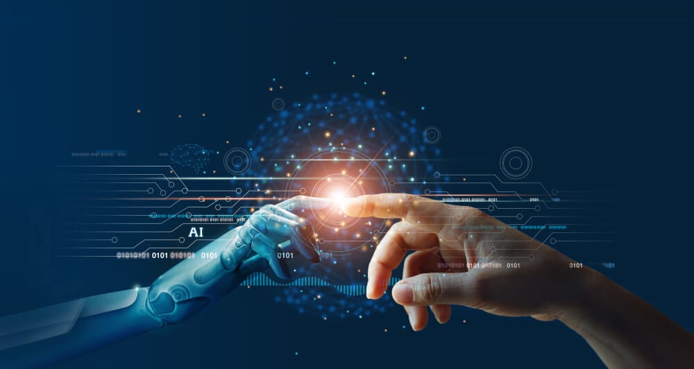 AI_AI, Machine learning, Hands of robot and human touching on big data network connection background, Science and artificial intelligence technology, innovation and futuristic.