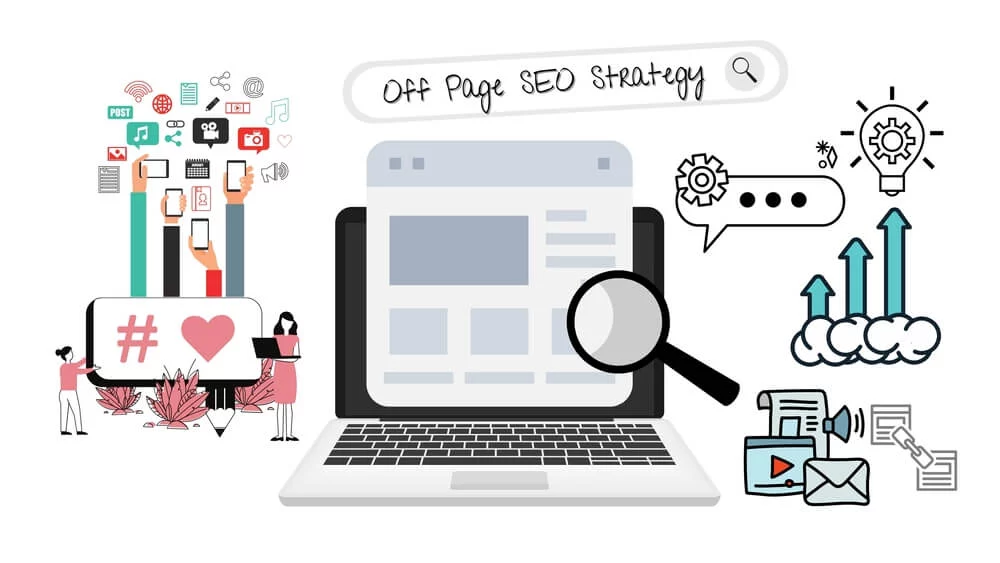 off page seo_Illustration of the concept of off page SEO strategy optimization with icons isolated on white background which is often used on a website or blog such as link building, sharing to social media, etc.