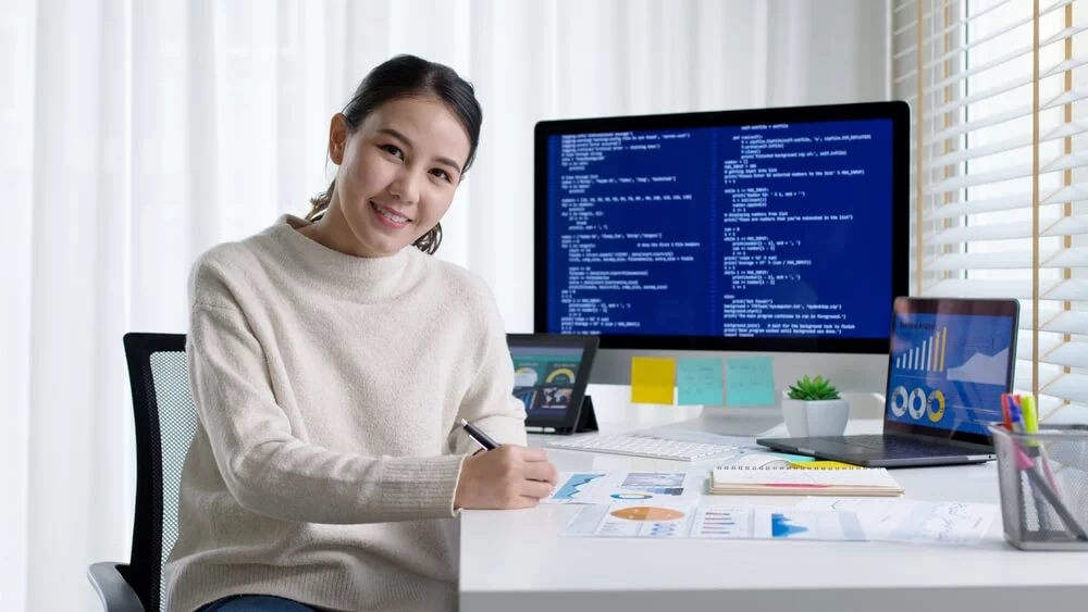seo software_Asia people MBA college woman work at home office smile happy look at camera online study on laptop big data for future job career reskill upskill in workforce AI IT cyber class remote virtual learn.