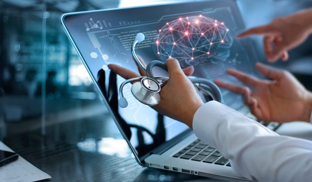 healthcare digital_Medicine doctor team meeting and analysis. Diagnose checking brain testing result with modern virtual screen interface on laptop with stethoscope in hand, Medical technology network connection concept