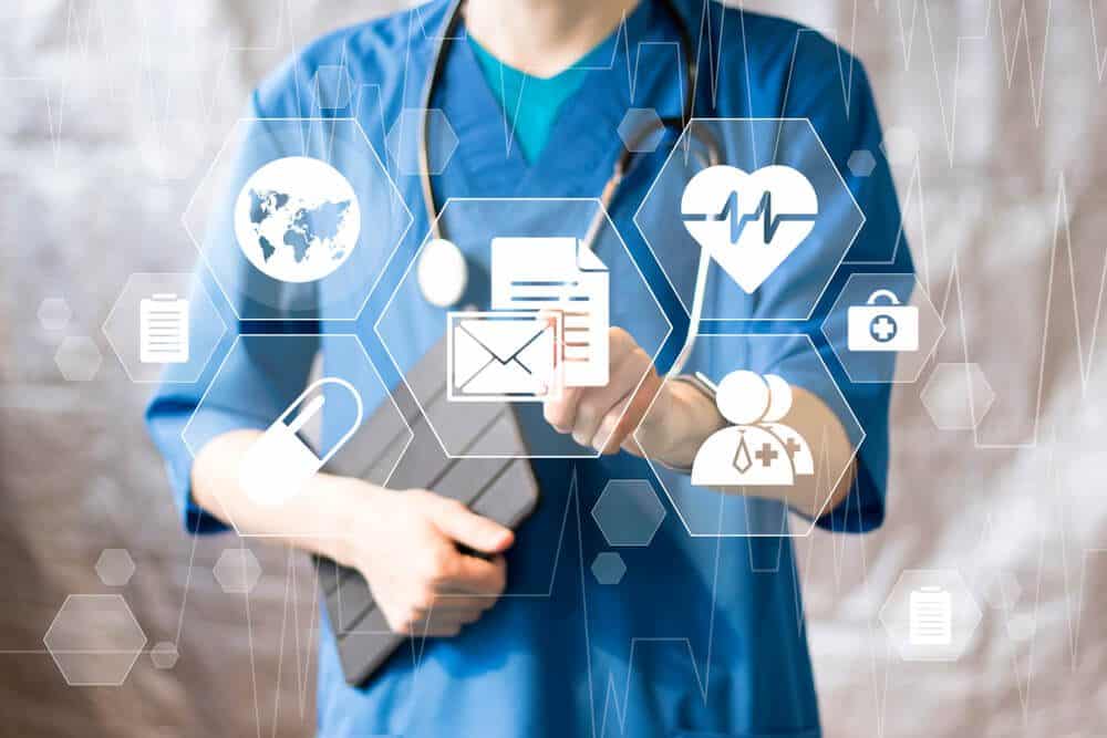 healthcare email_Doctor pushing button file service email virtual healthcare in network medicine