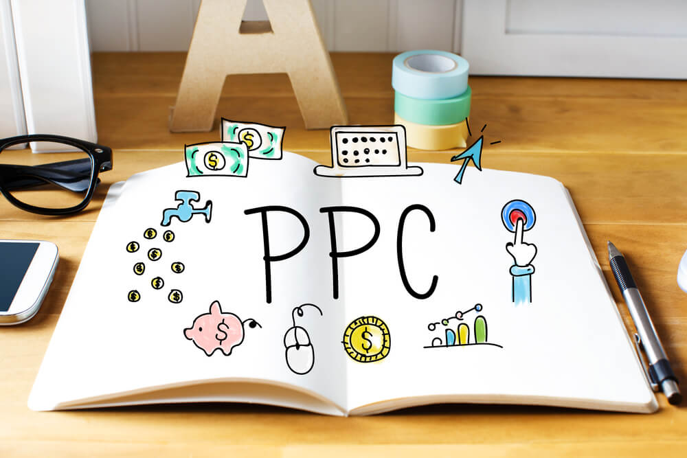 ppc for small business_PPC concept with notebook on wooden desk