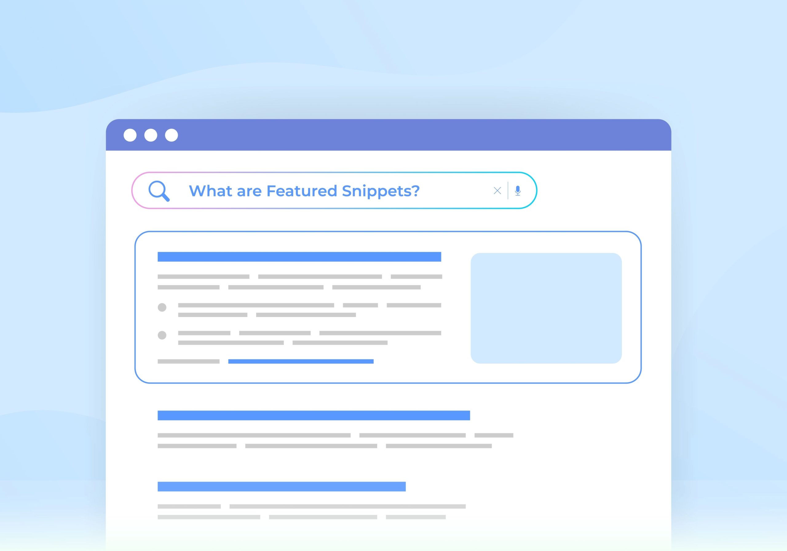 featured snippet_Featured Snippets and website SEO optimization concept illustration. Featured snippet are located before first organic results in search engine results pages