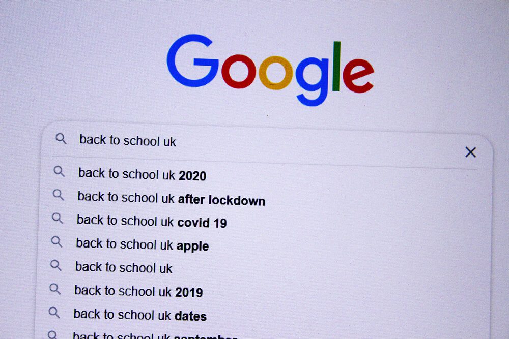 google results_Moscow, Russia - 22 May 2020: Google internet web search page for the words Back to School with a choice of associated keywords. Space for text.