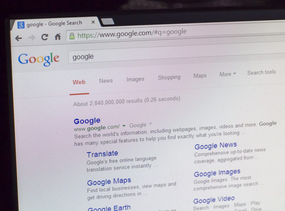 google_Lisbon, Portugal - May 30 2014: Image of a Google search page. Google is an internet related search engine providing several services and products and was created in 1998.