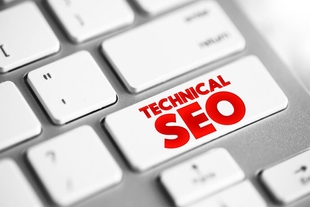 technical seo_Technical SEO - process of ensuring that a website meets the technical requirements of modern search engines, text button on keyboard
