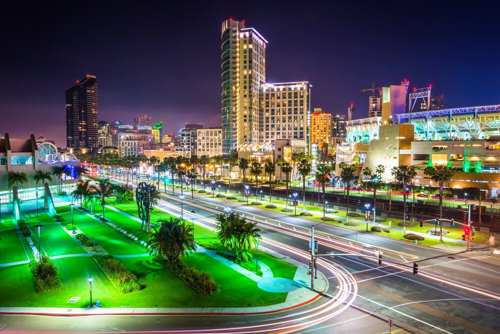 San Diego night_View of Harbor Drive and skyscrapers at night, in San Diego, California.