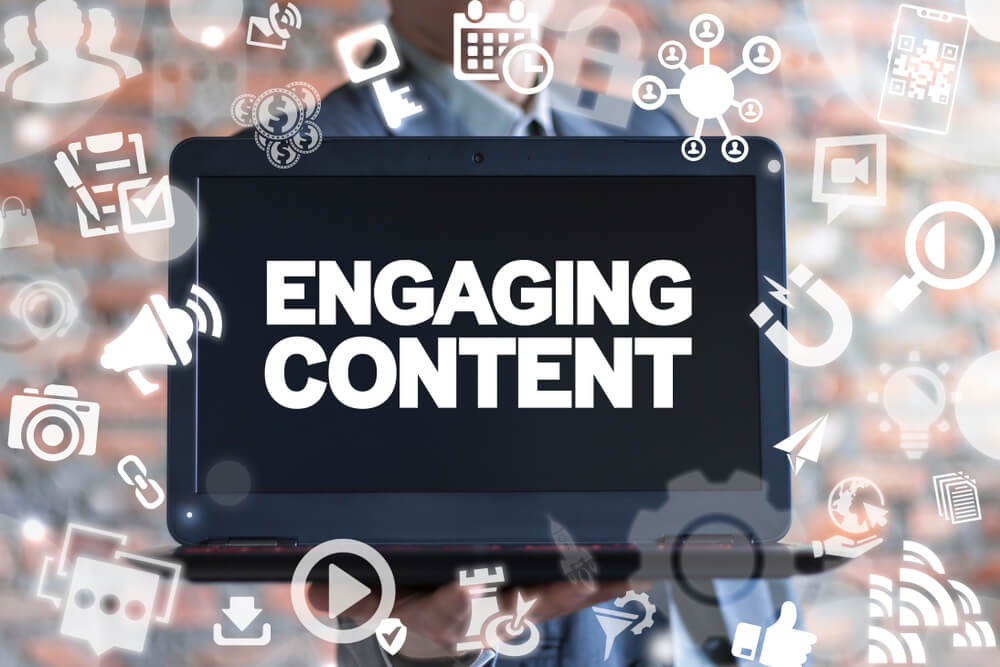 content_Engaging Content. Content marketing success, marketing mix, social media sharing concept. Businessman offers laptop with engaging content text icon on a virtual interface.
