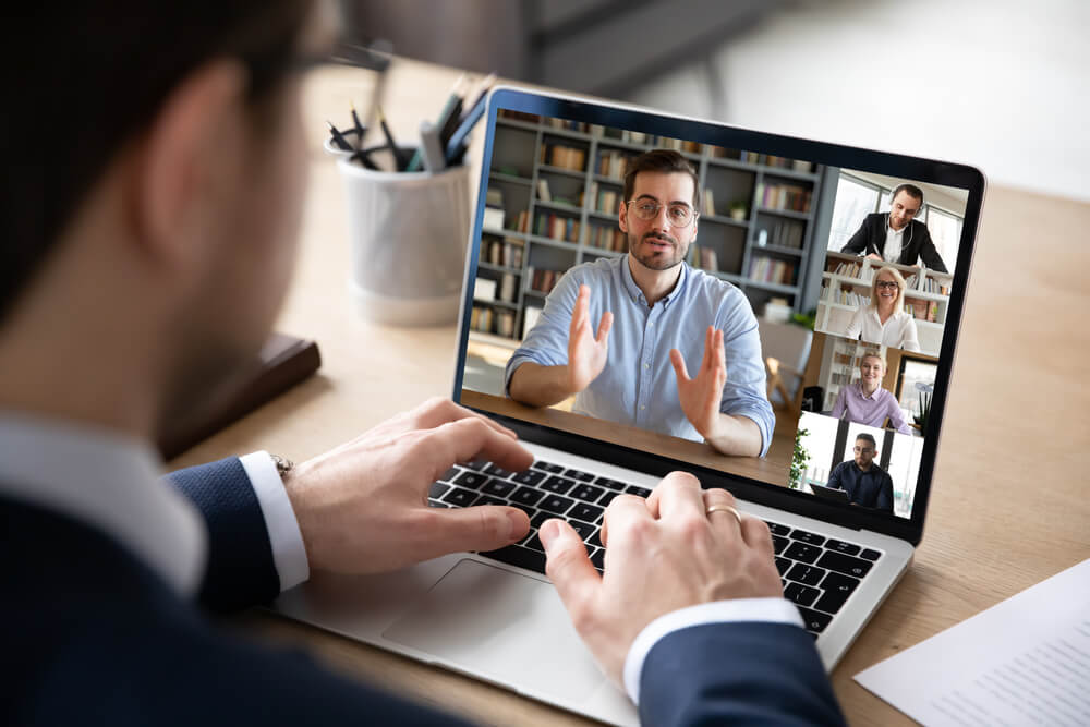 digital consultant_Businessman boss leader leads distant communication diverse businesspeople involved in group videocall conversation discuss common project, partners negotiating. Modern technology and business concept