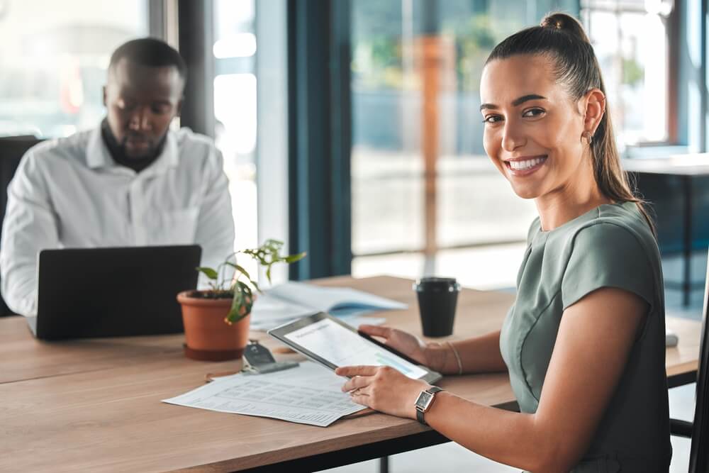 digital team_Digital, email and content marketing businesswoman in project meeting with colleague for seo trends, data analysis and company growth. Portrait of a corporate professional looking happy with her job