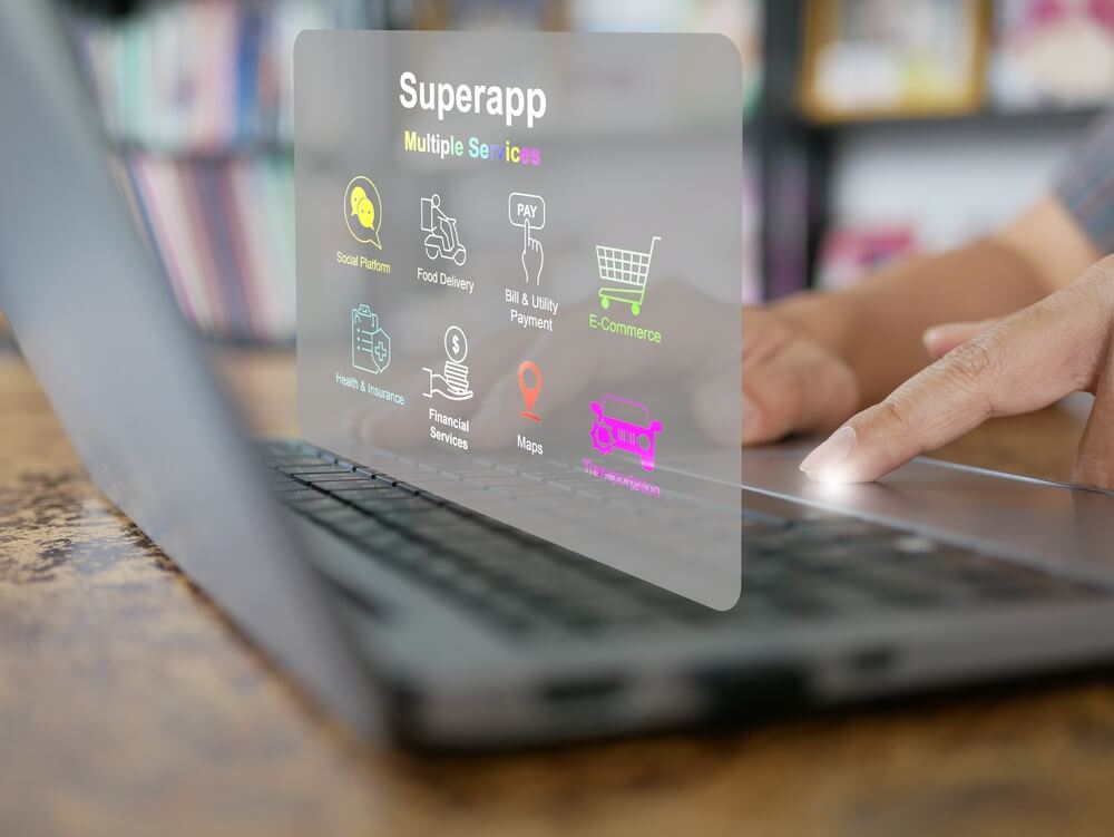 super app_Finger activates a virtual screen of a super app on a computer notebook or laptop that serves multiple services as a one-stop service