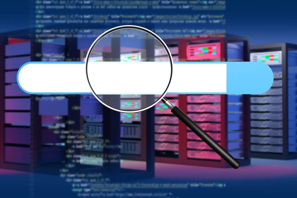 technical seo_Search for information on server. Data storage concept. Server hardware symbolizes cloud storage. Search box with magnifying glass. Searching for data on hosting equipment. Art blurred. 3d rendering