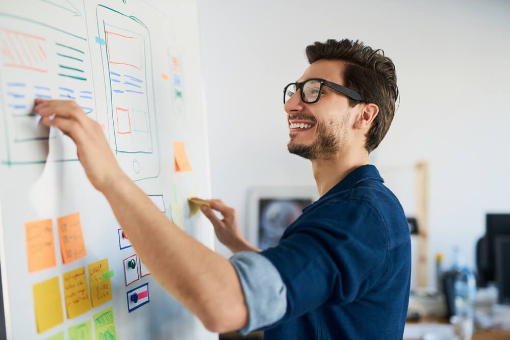 UX design_Happy designer doing usability tests on whiteboard