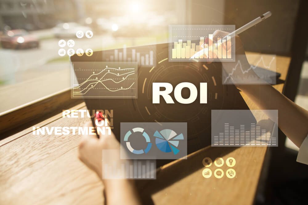 ROI_Return on investment on virtual screen. ROI. Market trading.