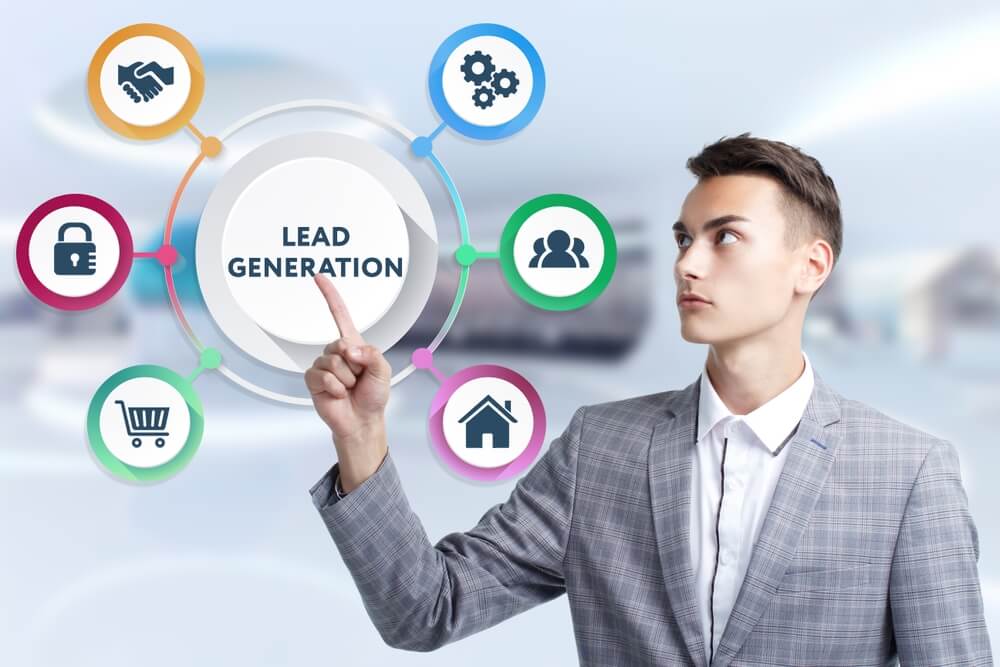 lead generation_Business, Technology, Internet and network concept. Young businessman working on a virtual screen of the future and sees the inscription: Lead generation