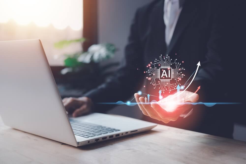 AI for software development_AI (Artificial intelligence) growing concept. Businessman hand typing keyboard laptop (notebook) with hologram technology. Business technology link digital marketing. Big data and Financial banking.