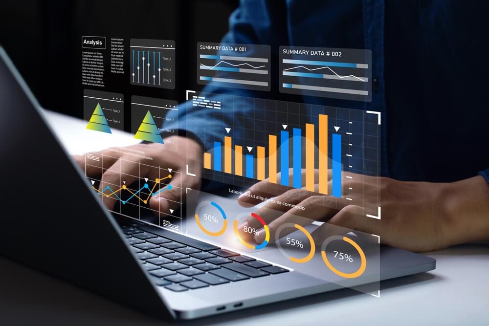 kpi analysis_Analyst Works on Personal Computer Showing business analytics dashboard with charts, metrics and KPI to analyze performance and create insight reports for operations management. Data analysis concept.