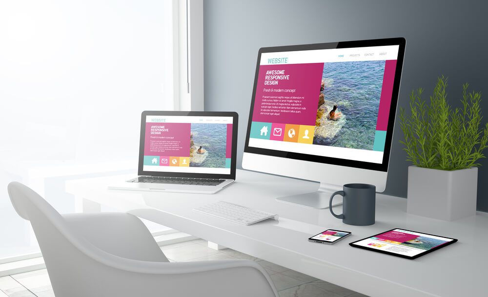 web design_3d rendering of desktop with all devices showing modern design website. All screen graphics are made up.