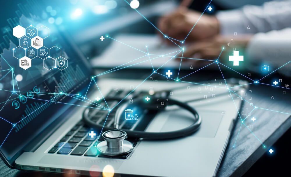 healthcare digital marketing_Healthcare business graph data and growth, Insurance Healthcare. Doctor analyzing medical of business report and medical examination with network connection on laptop screen.