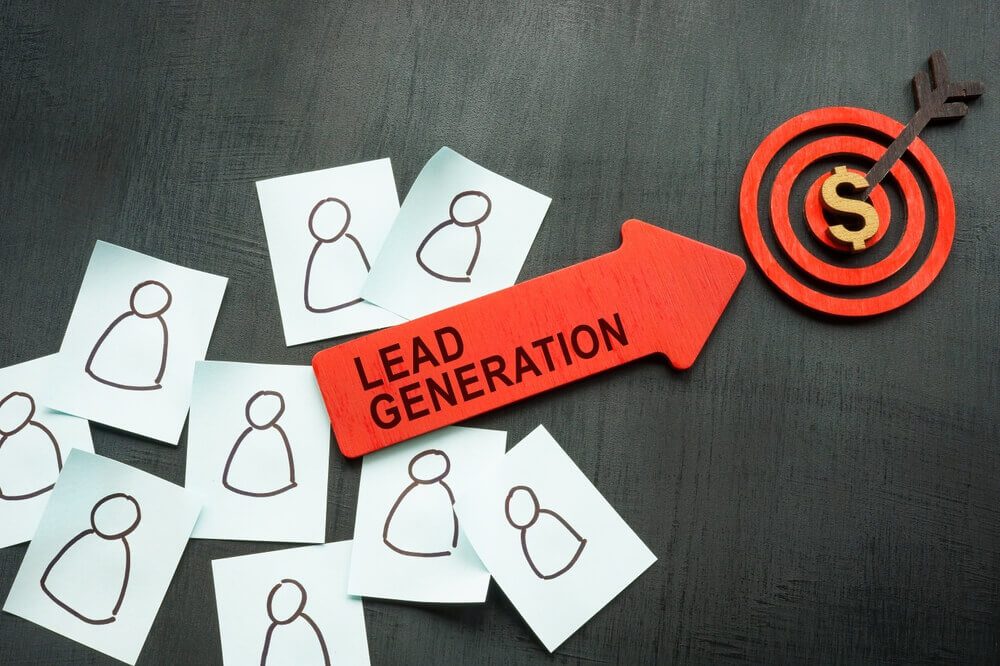 lead generation_Arrow with sign Lead generation and stickers with figurines.
