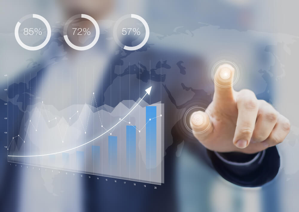 revenue_Business intelligence dashboard with key performance indicators on a computer interface, financial consultant touching the screen