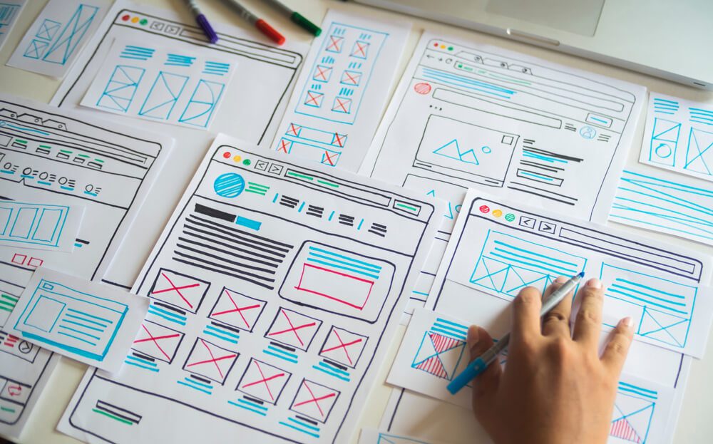 UX design_Website designer Creative planning application development draft sketch drawing template layout framework wireframe design studio . User experience concept .