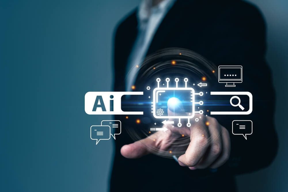 AI SEO_Businessman touching virtual graphics AI processor chip, chatbot with AI, artificial intelligence, search engine, enter command prompt for generate ideas, futuristic technology transformation.